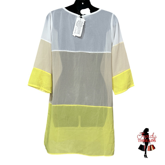 Boutique NEW Sheer Colorblock Mini Dress Sleeves Swim Cover-Up Small Medium NWT - Picture 3 of 4